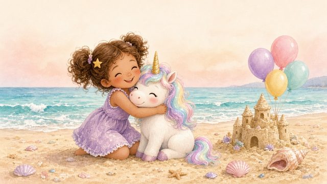 Mia hugging Pearl the unicorn on a birthday beach